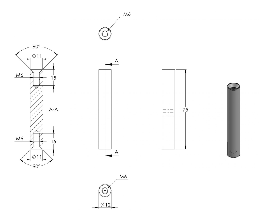 Zeichnung Stift Ø 12 mm, Länge 75 mm, Gewinde M6 / M6