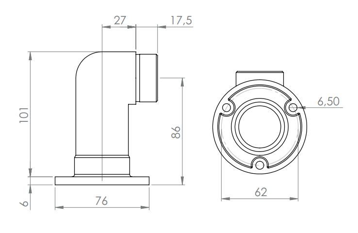 Edelstahl Wandhalter 90° für Rundrohre, lang, zum Einstecken ins Rohr, V2A