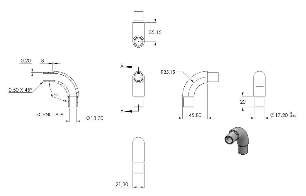 Zeichnung Rohrbogen für Rohr Ø 21,3 x 2,0 mm