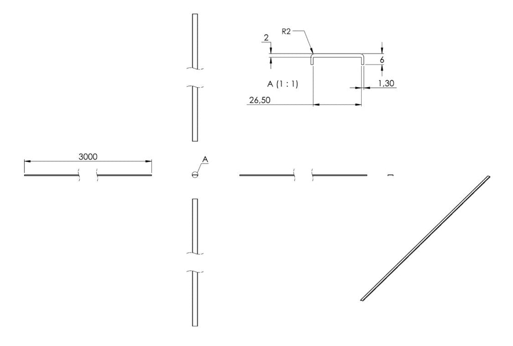Zeichnung Kantenschutz EXTRA SLIM, Länge 3 m, für Glasstärke 24,00 - 25,52 mm