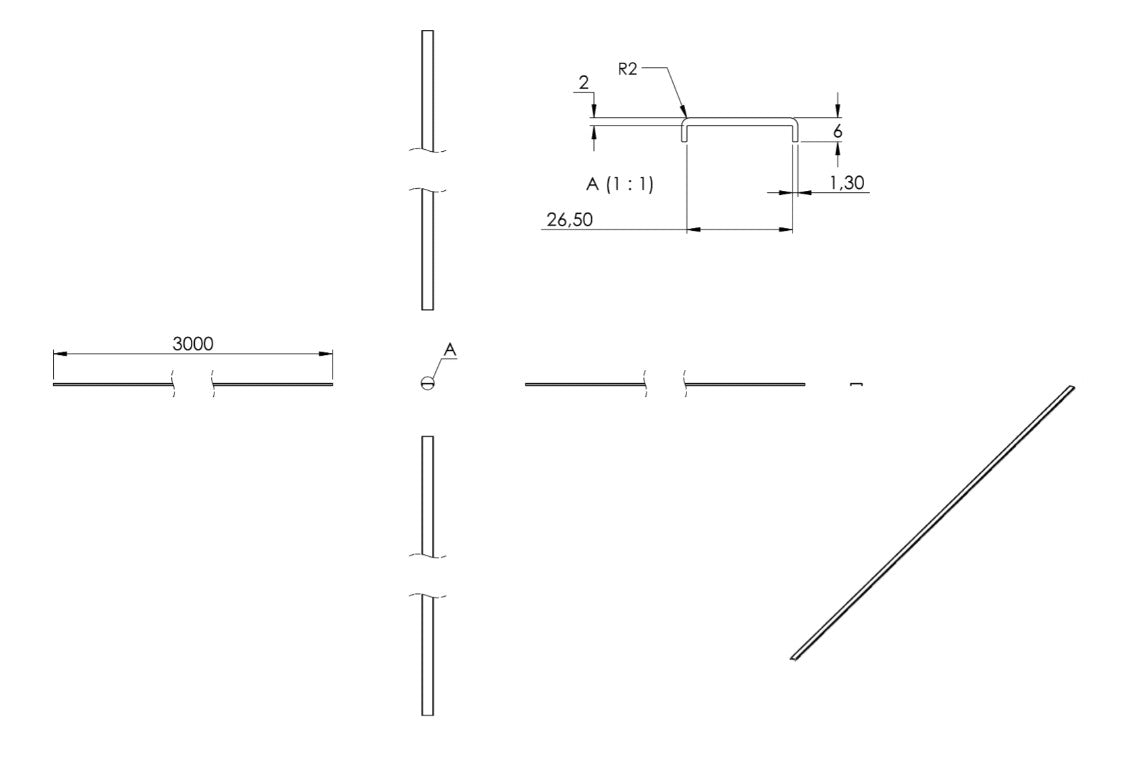 Zeichnung Kantenschutz EXTRA SLIM, Länge 3 m, für Glasstärke 24,00 - 25,52 mm