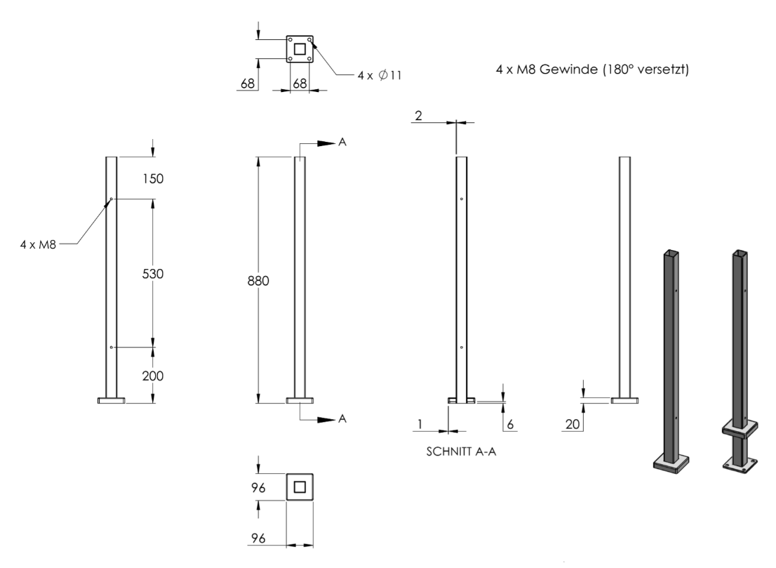 Edelstahlpfosten zur Bodenmontage, Länge 880mm, 4 x M8 Fließformgewinde, 180° versetzt, V2A