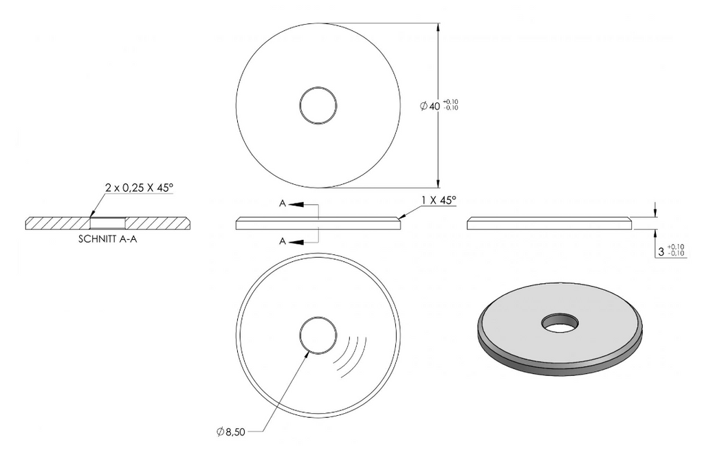 Zeichnung Beilagscheibe Ø 40 mm, Bohrung Ø 8,5 mm