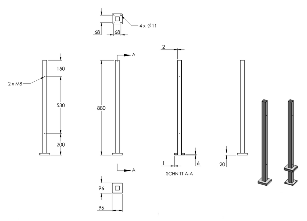 Edelstahlpfosten zur Bodenmontage, Länge 880mm, 2 x M8 Fließformgewinde, V2A