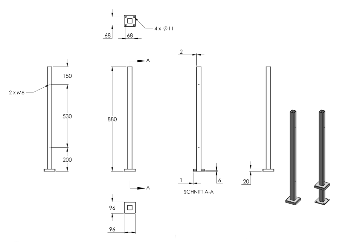 Edelstahlpfosten zur Bodenmontage, Länge 880mm, 2 x M8 Fließformgewinde, V2A