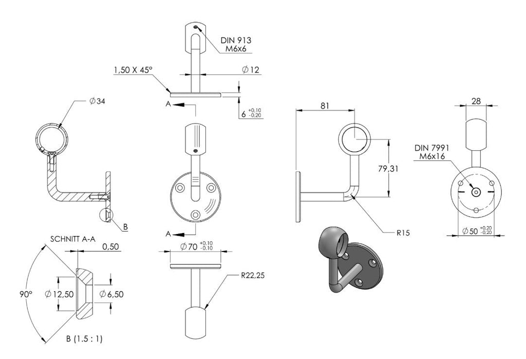 Zeichnung Handlaufhalter mit Kugelring für Handlauf Ø 33,7 mm / Bügel Ø 12 mm
