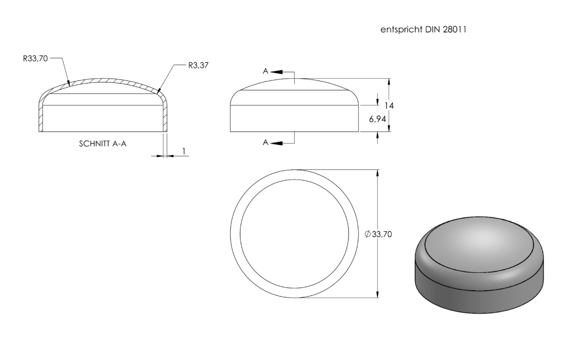 Zeichnung Klöpperboden für Rohr Ø 33,7 mm	