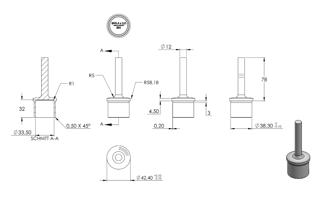 Zeichnung Handlaufstütze für Rohr Ø 42,4 x 2 mm, Bügel Ø 12 mm