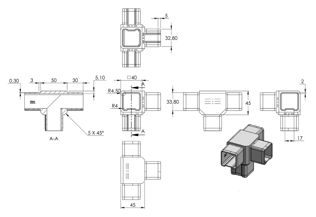 Zeichnung T-Eckverbinder für Rohr 40 x 40 x 3,0 mm