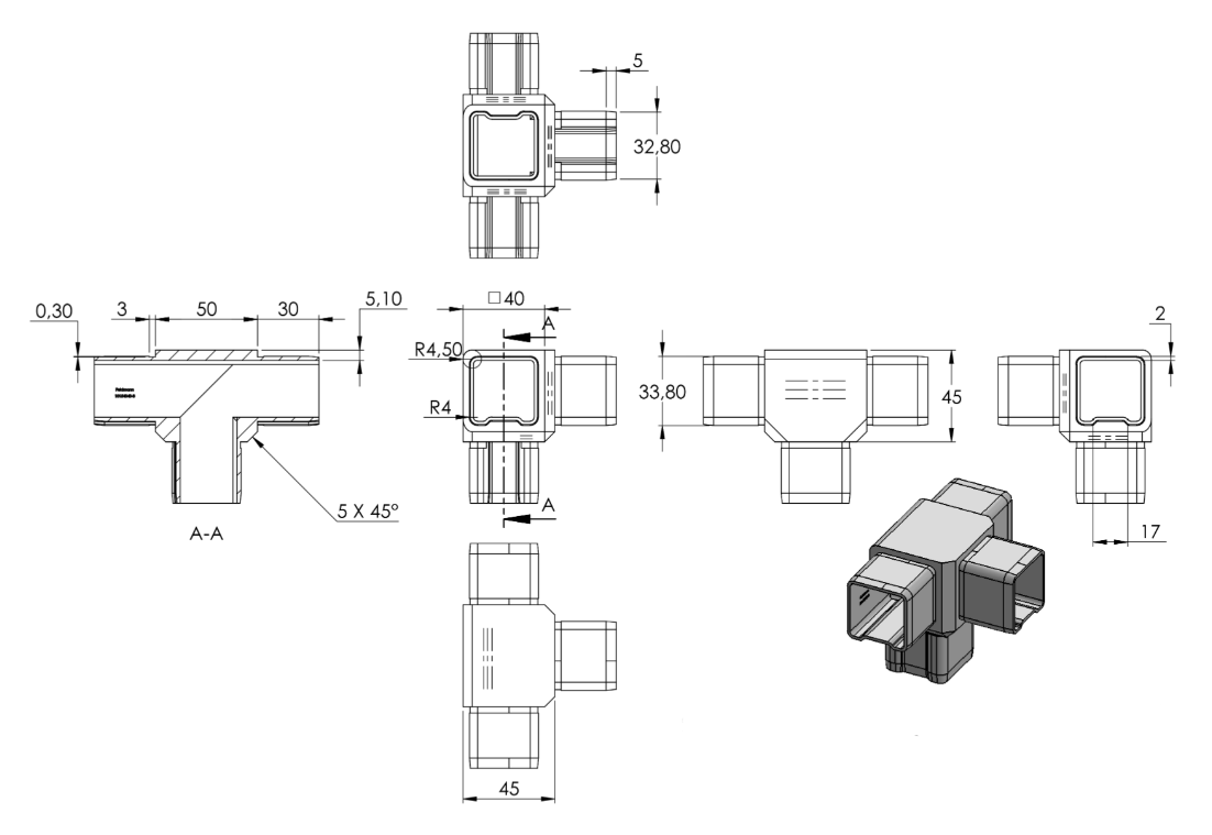 Zeichnung T-Eckverbinder für Rohr 40 x 40 x 3,0 mm