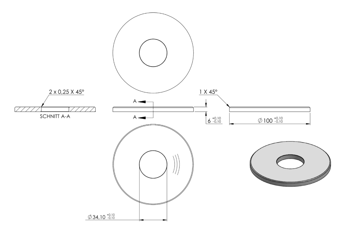 Zeichnung Ankerplatte Ø 100 x 6 mm, Mittelbohrung Ø 33,7 mm