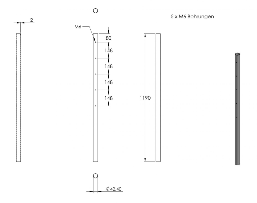 Edelstahlpfosten, mit  5 x M6 Fließformgewinde einseitig (z.B. für Querstabhalter), V2A