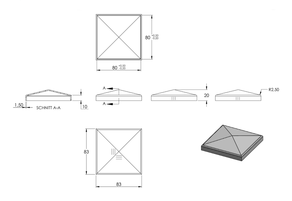 Zeichnung Pyramidenkappe für Rohr 80 x 80 mm