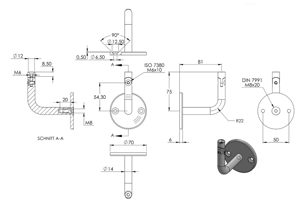 Zeichnung Handlaufhalter mit Bügel Ø 14 mm