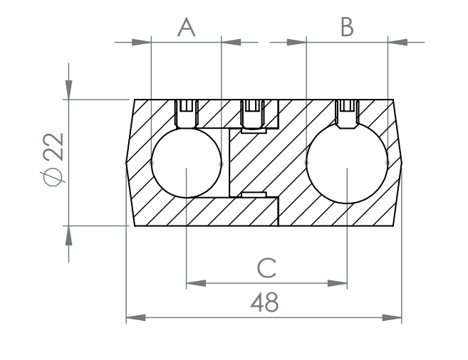 Doppelquerstabhalter ∅ 22 mm, mit 2 Bohrungen, zur Befestigung von Füllstäben, V2A