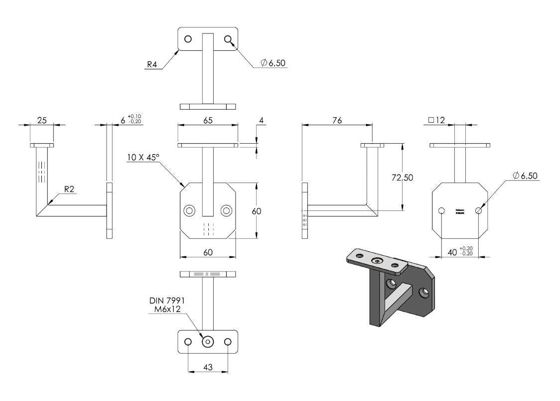 Handlaufhalter mit Anschlussplatte, zum Anschrauben des Handlaufs, V2A / V4A
