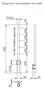 Edelstahlpfosten zur Wandmontage, Länge 1190 mm, 5 x M6 Fließformgewinde, V2A
