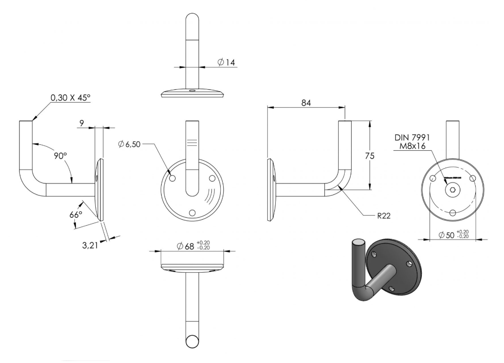 Zeichnung Handlaufhalter mit Bügel Ø 14 mm