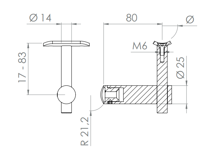 höhenverstellbarer Handlaufhalter mit Halteplatte, zum  Anschrauben des Handlaufs, V2A