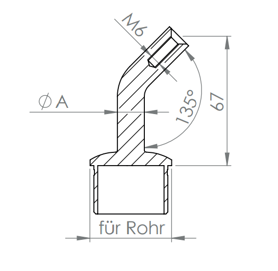 Handlaufstütze Edelstahl aus einem Stück, Stift 135° gebogen, mit Innengewinde M6, V2A