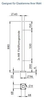 Edelstahlpfosten zur Bodenmontage, Länge 880mm, 2 x M8 Fließformgewinde, V2A