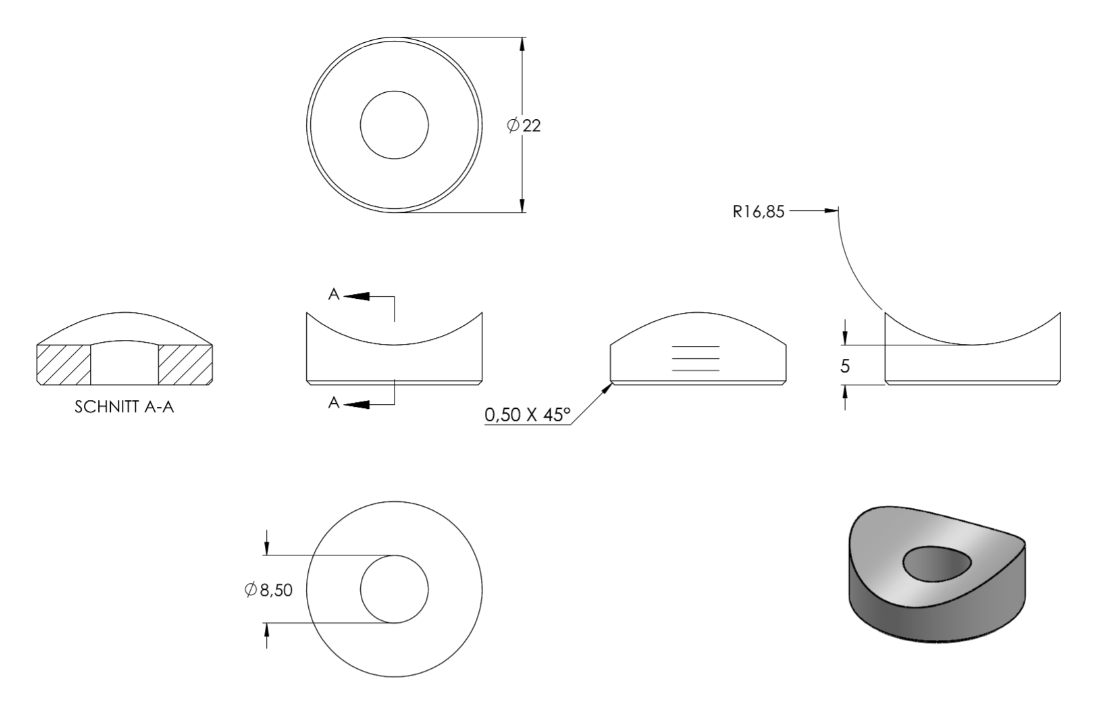 Zeichnung Ausgleichsstück Ø 22 mm, Bohrung Ø 8,5 mm, für Rohr Ø 33,7 m,
