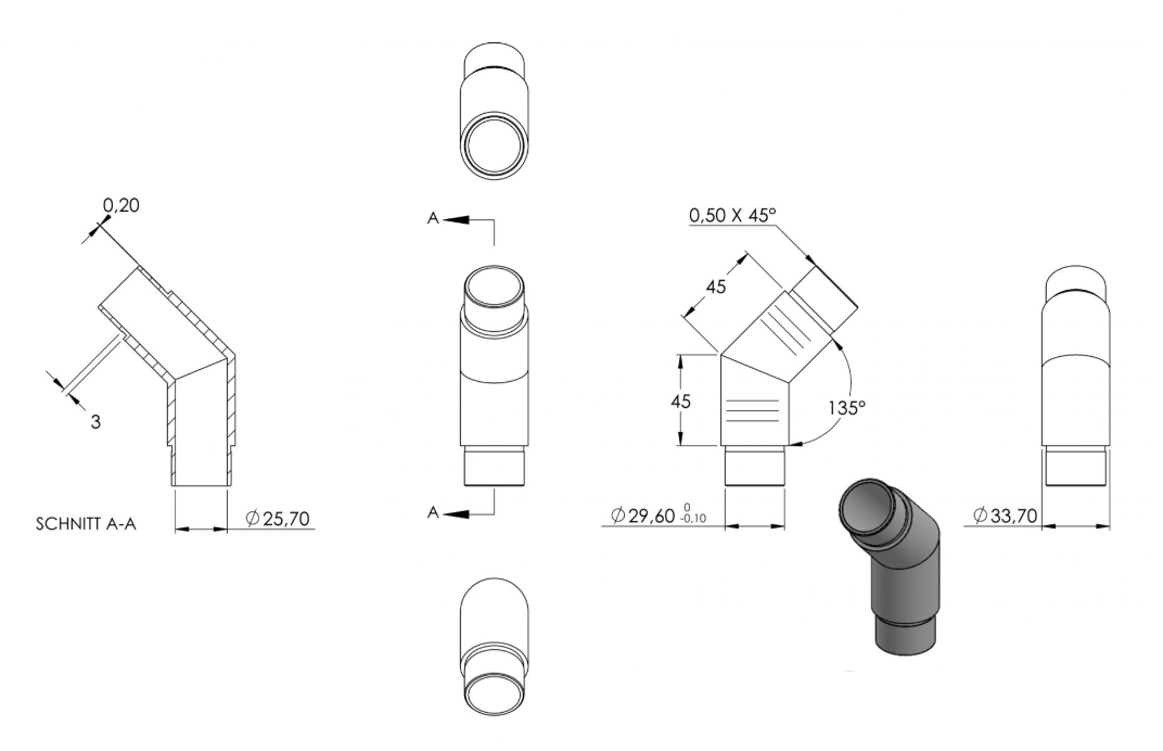 Zeichnung Eckstück für Rohr Ø 33,7 x 2,0 mm