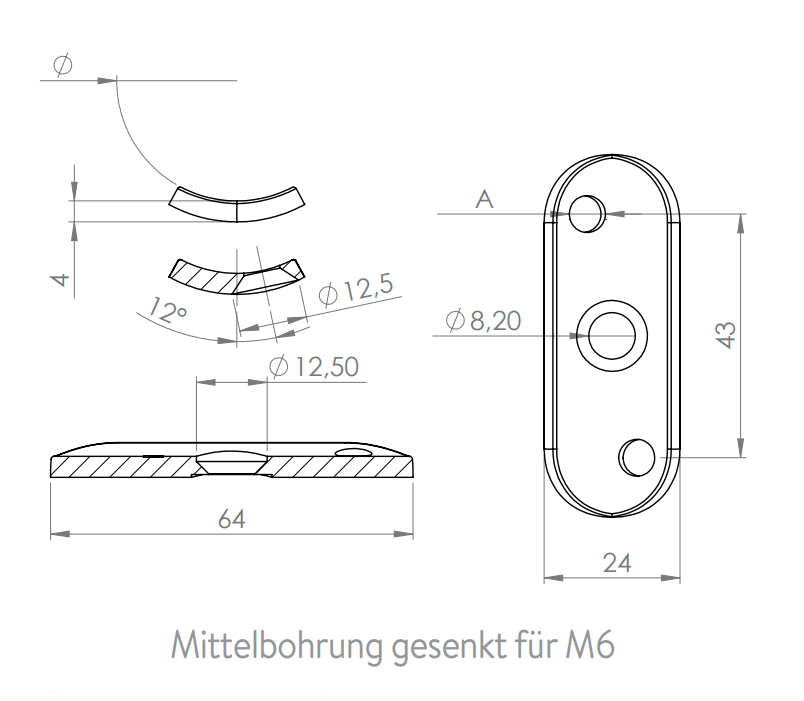Handlaufanschlussplatte für  Rohr, versetzte Bohrungen, zum Verschrauben, V2A / V4A