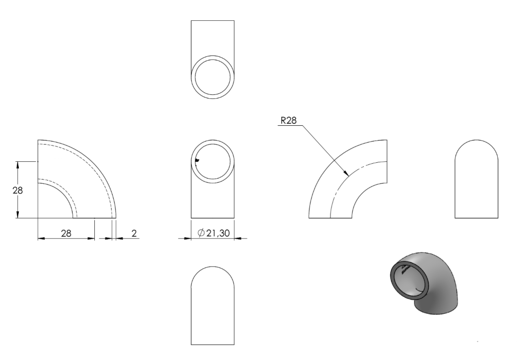 Zeichnung Schweißbogen 90° Durchmesser 21,3 mm, Wandstärke 2,0 mm