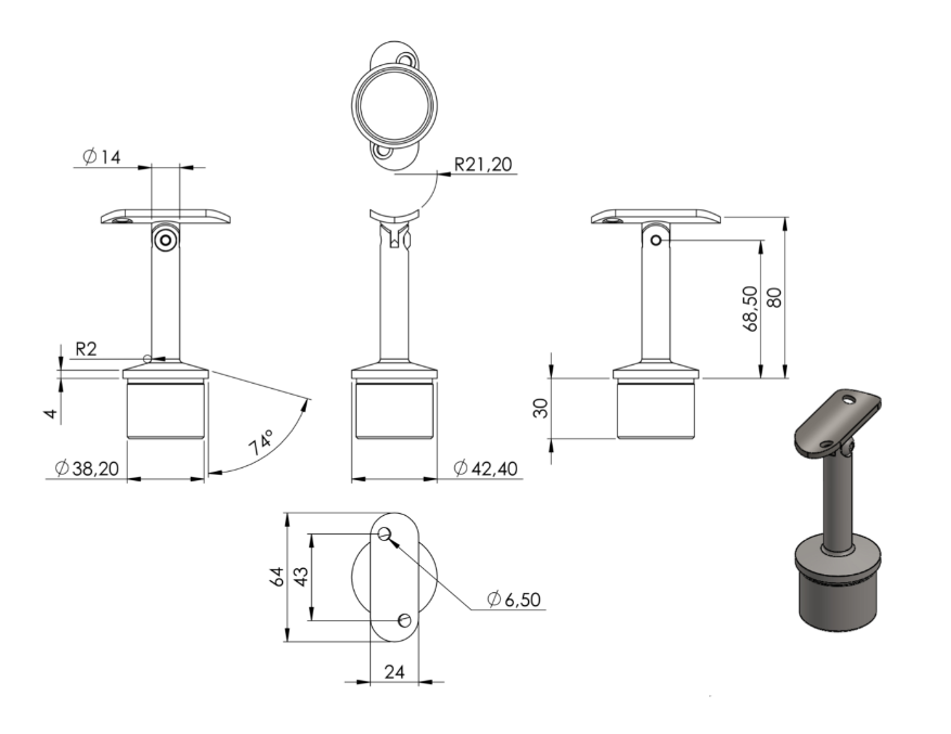 Zeichnung Handlaufstütze für Rohr Ø 42,4 x 2,0 mm, Stift Ø 14 mm