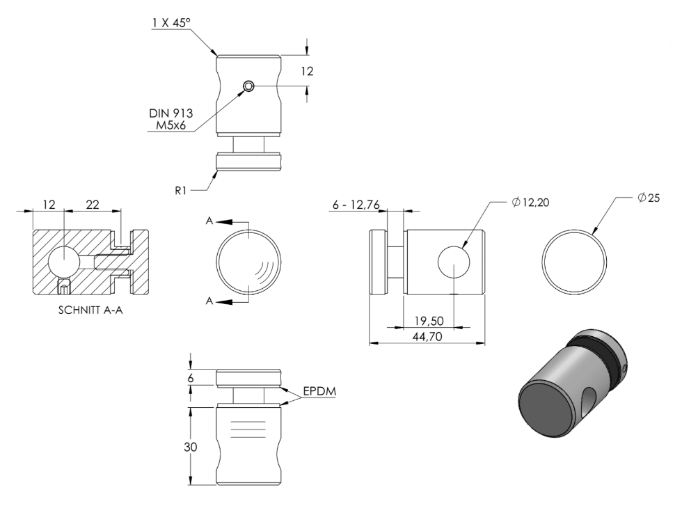 Zeichnung Querstab-Glashalter mit Durchgangsbohrung Ø 12,2 mm