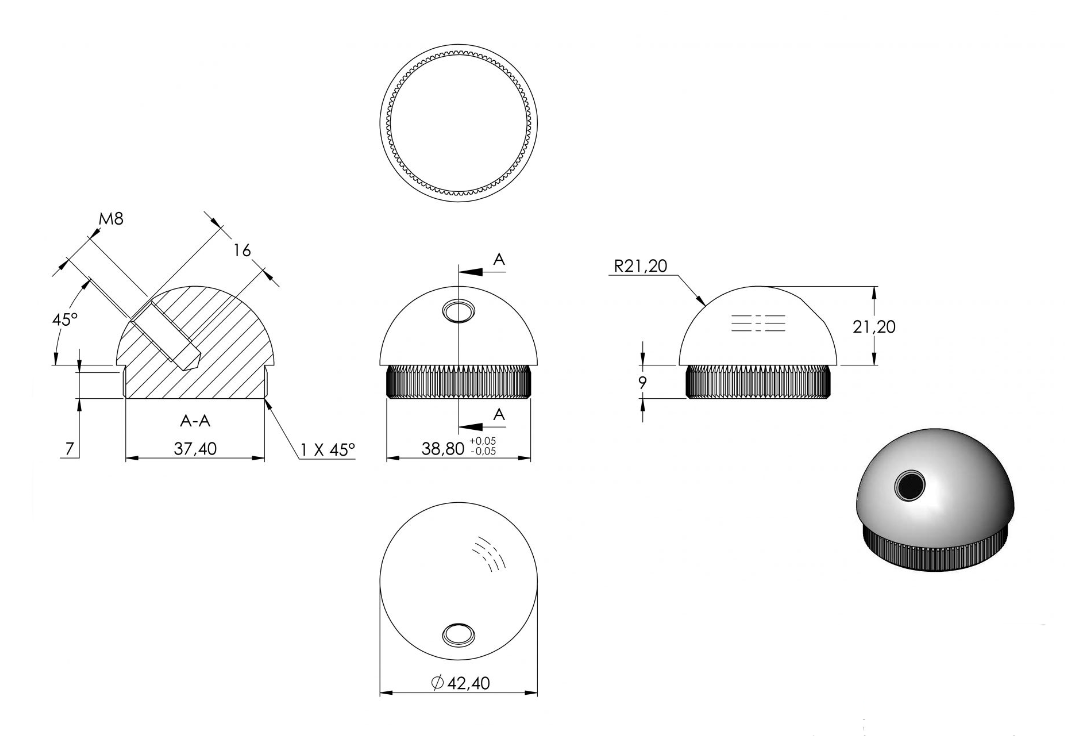 Zeichnung Rohrabschlussstopfen für Rohr Ø 42,4 x 2,0 mm