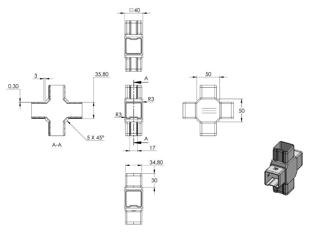 Zeichnung Kreuzverbinder für Quadratrohr 40 x 40 x 2,0 mm