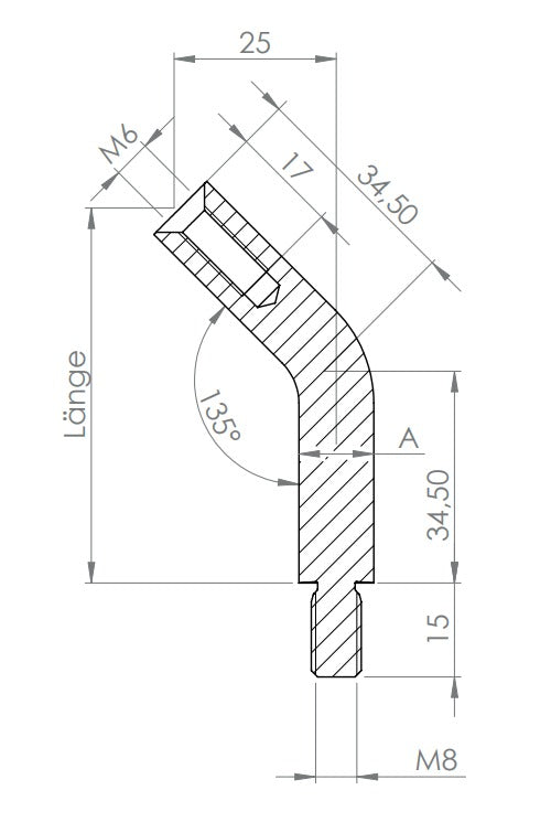 Stift Edelstahl, gebogen 135°,1 x Außengewinde, 1 x Innengewinde, V2A