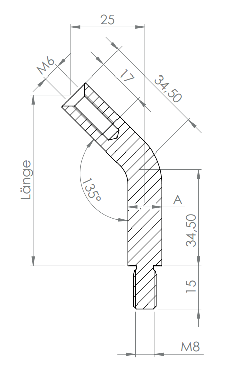 Stift Edelstahl, gebogen 135°,1 x Außengewinde, 1 x Innengewinde, V2A