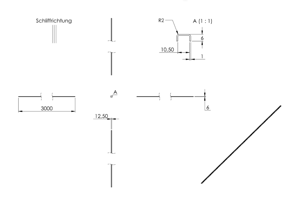 Zeichnung Kantenschutzprofil, Länge 3 m, für Glasstärke 8,00 - 9.52 mm