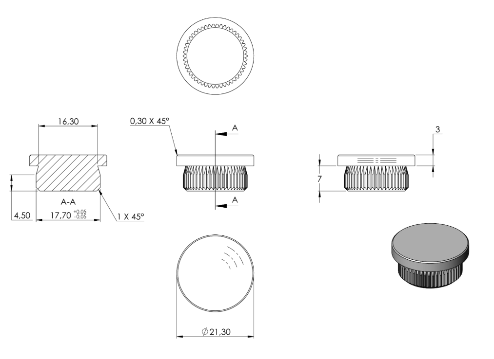 Zeichnung Rohrabschlusstopfen für Rohr Ø 21,3 x 2,0 mm
