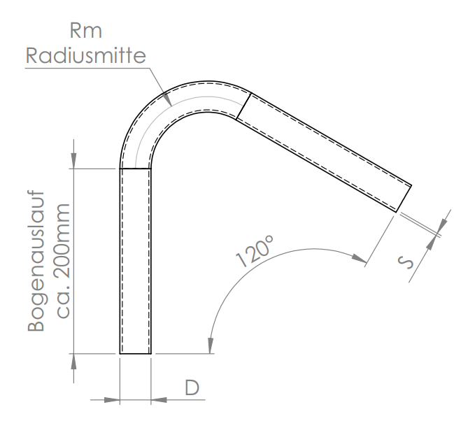 Edelstahl Rohrbogen 120° mit Bogenauslauf ca. 200 mm, V2A