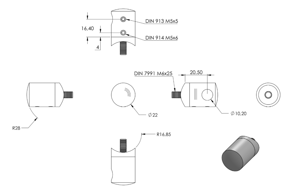 Zeichnung Querstabhalter mit Anschluss für Rohr Ø 33,7 mm, Sackloch Ø 10,2 mm