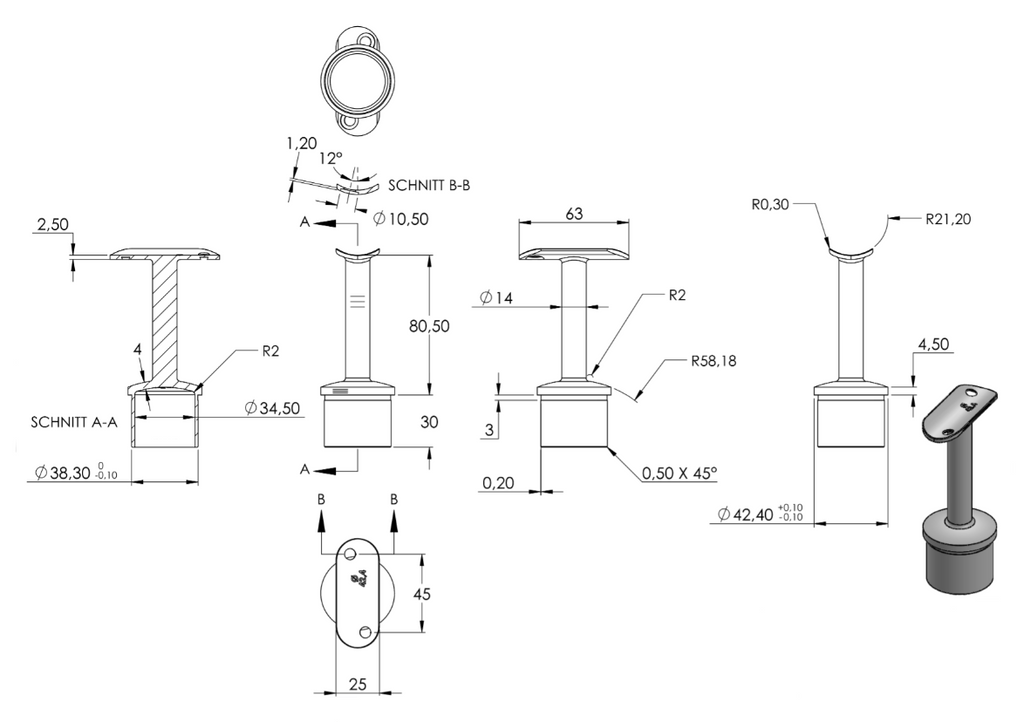 Zeichnung Handlaufstütze für Rohr 42,4 x 2,0 mm