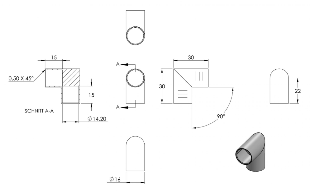 Zeichnung Stabverbinder für Rundstäbe mit Ø 14 mm