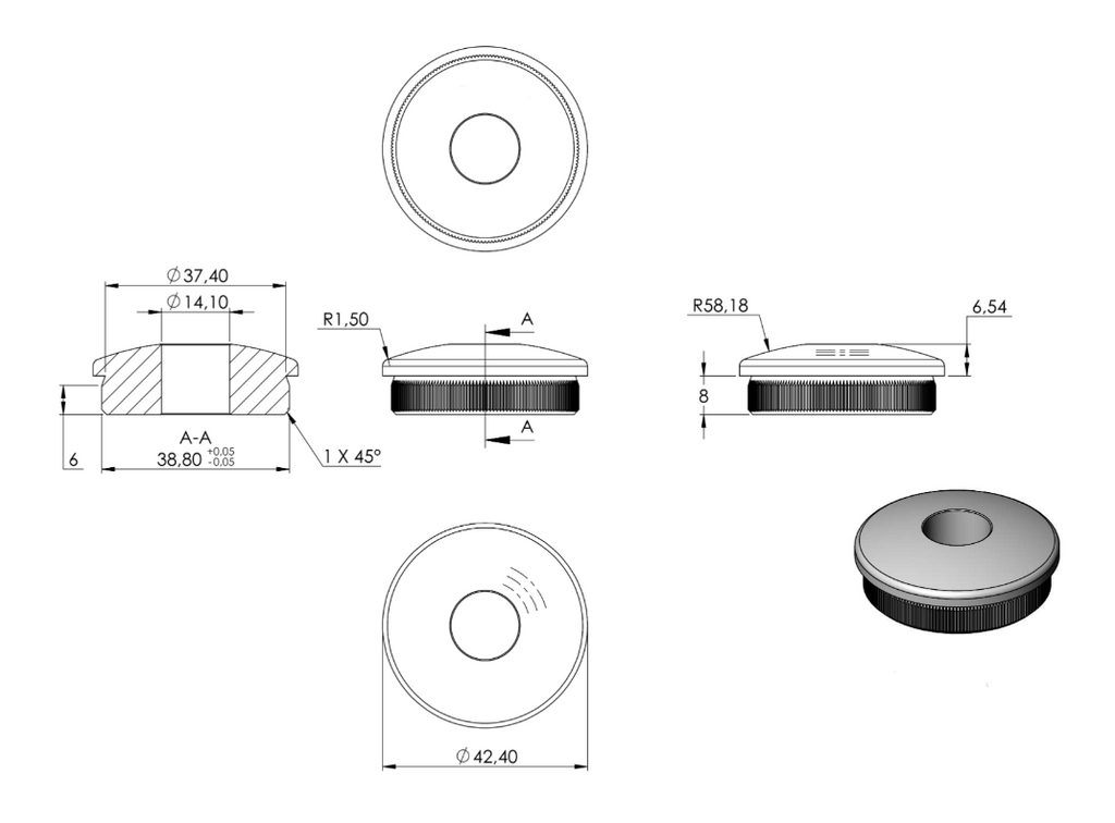 Zeichnung Rohrabschlussstopfen mit Bohrung Ø 14,1 mm, für Rohr Ø 42,4 x 2,0 mm
