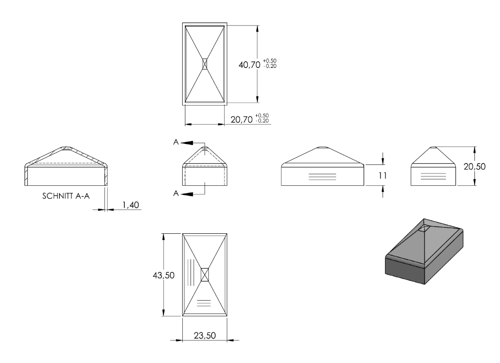 Zeichnung Pyramidenkappe für Rohr 40 x 20 mm
