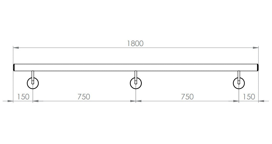 Handlauf montagefertig, Länge 1800 mm, mit 3 Handlaufhaltern und Endkappen, V2A