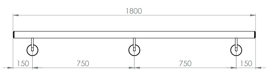 Handlauf montagefertig, Länge 1800 mm, mit 3 Handlaufhaltern und Endkappen, V2A