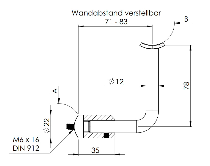 Zeichnung Querstabhalter mit Bügel und Handlaufanschlussplatte