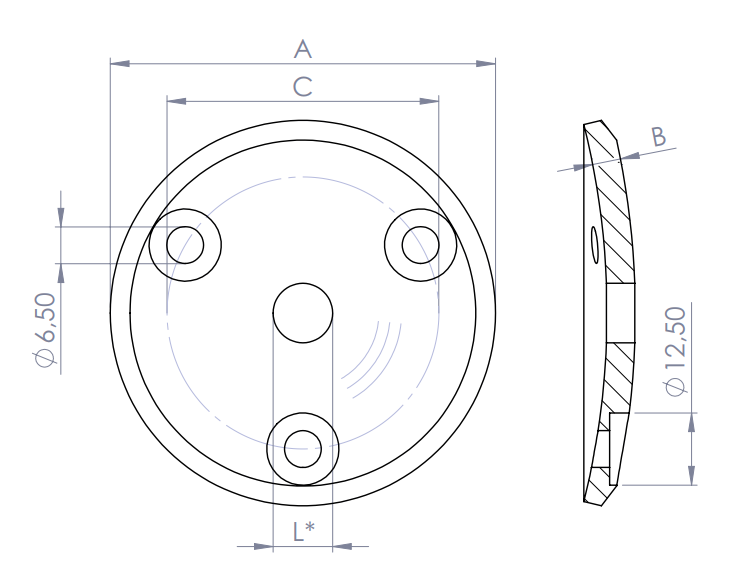 Edelstahl Ronde gewölbt, mit Fase, Mittelbohrung und 3 gesenkte Bohrungen, Rundschliff, V2A/V4A