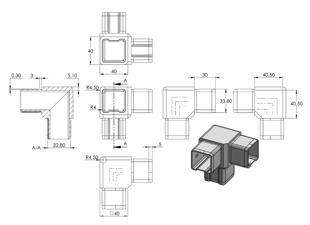Zeichnung Eck-Verbinder für Quadratrohr 40 x 40 x 3,0 mm