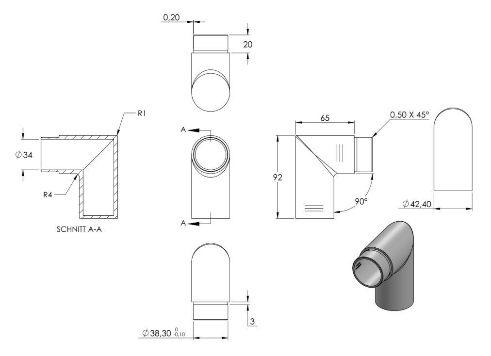 Zeichnung Endstück für Rohr Ø 42,4 x 2,0 mm