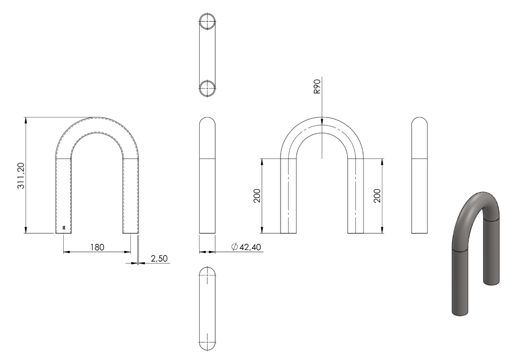 Zeichnung Rohrbogen Ø 42,4 x 2,5 mm, Radiusmitte 90,0 mm